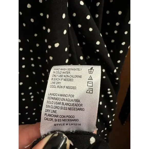 Patrons Of Peace Dress Large Faux Wrap Hi Lo Black Polka Dot Surplice Tie Back - Picture 7 of 9